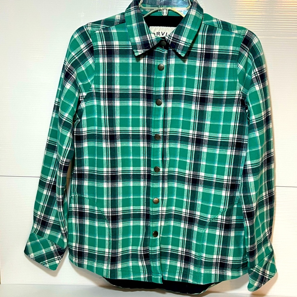 Orvis Women's Plaid Fleece Lined Shirt Size Small Green Blue